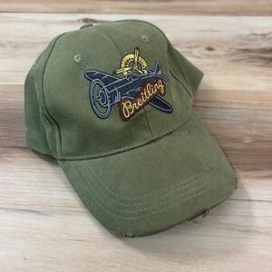 Breitling 1884 Aviation Airplane Hat Olive Green Distressed Leather Strap Cap